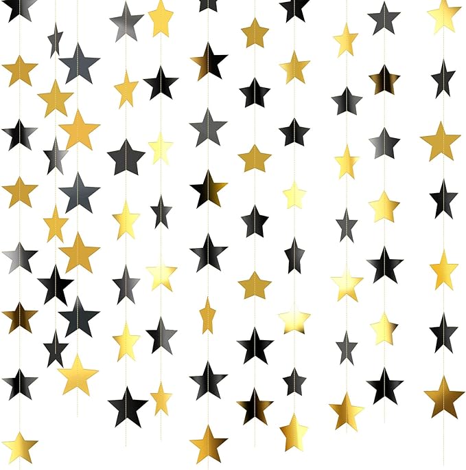 Patelai Glitter Star Garland Banner New Years Decor 130 Feet Star Hanging Banner Twinkle Backdrop for Birthday Classroom Wedding Halloween Christmas Party Supplies(Black, Gold)