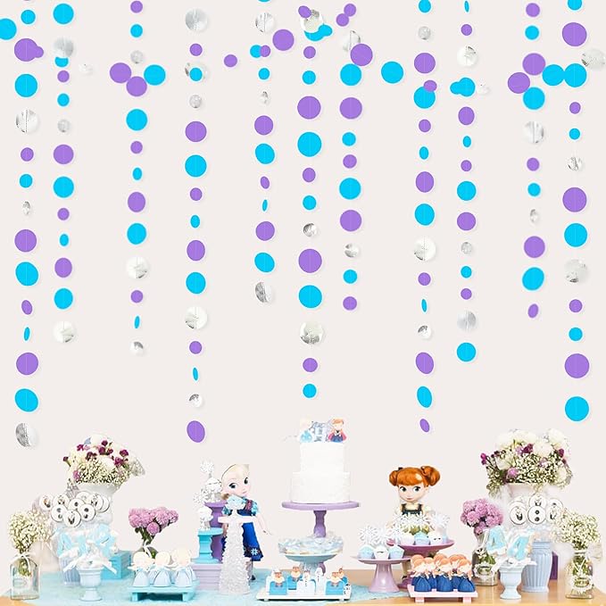 46 Ft Frozen Party Decorations Purple Blue Silver Polka Dots Garlands Hanging Paper Circle Dots Streamer for Frozen Birthday Winter Wonderland Christmas Holiday Wedding Baby Shower Party Supplies