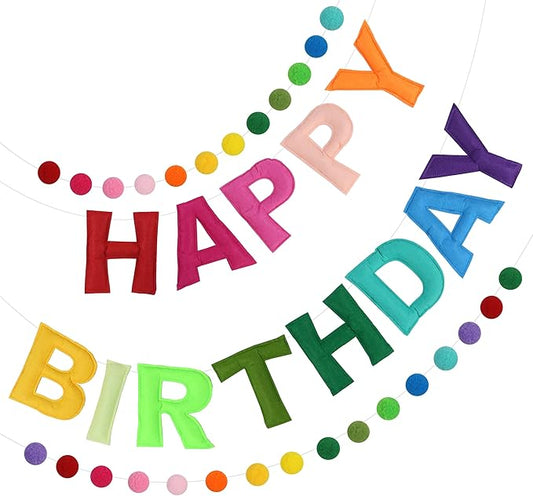 2 PCS Pre-Strung 3D Felt Happy Birthday Banner - Reusable Rainbow Happy Birthday Decorations Sign, Felt Ball Garland, Pom Pom Garland, Party Decor, Photo Prop (RAINBOW)