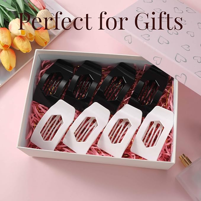 8 Pack Black White Flat Hair Clips for Women – Large Glossy Rectangle No-Slip Claw Clips for Thick & Thin Hair, Strong Hold Square Hair Accessories