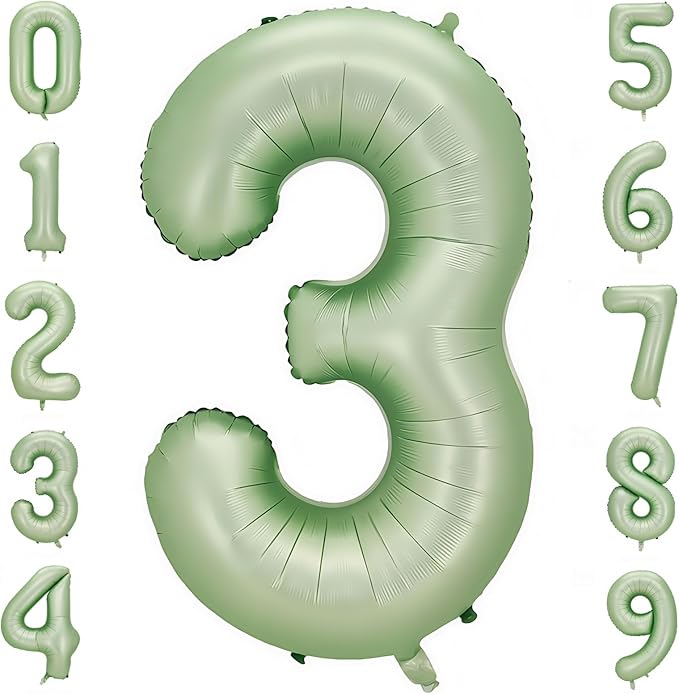 Sage Green 3 Number Balloon,Olive Green 3 Balloons 40 Inch Large Helium Foil Mylar Birthday Balloons for Boy Girl Baby Shower Birthday Jungle Party Decorations