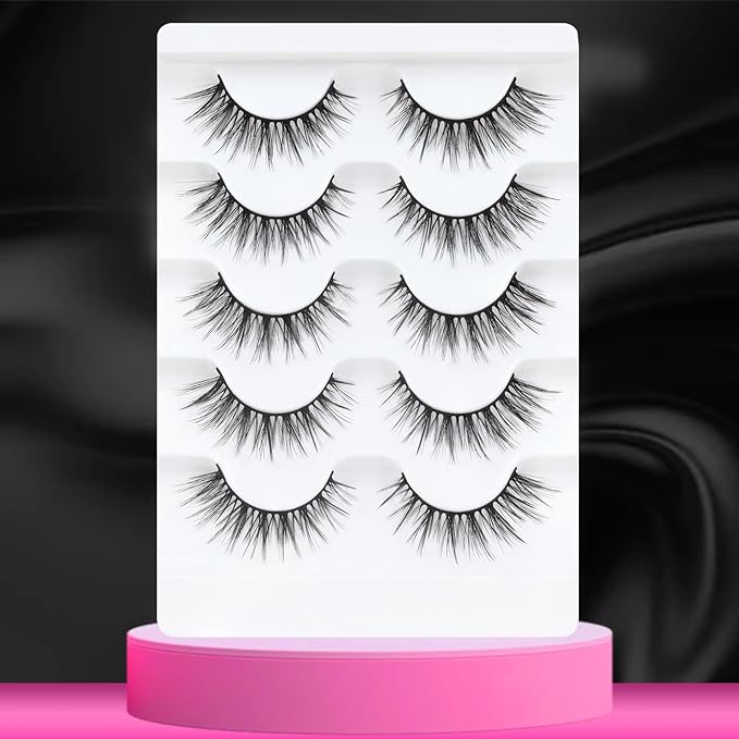 Veleasha Lashes Wispy False Eyelashes 100% Handmade Eyelashes Natural Look Fake Lashes Lightweight Lashes with Soft Cotton Band 5 Pairs Pack (G2-Black Cotton Band)