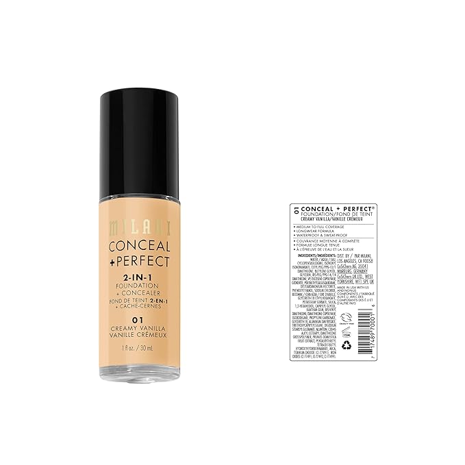 Milani Conceal + Perfect 2-in-1 Foundation + Concealer for a Flawless Complexion, Under Eye Corrector, Cover Redness and Imperfections, Waterproof and Sweatproof - Creamy Vanilla
