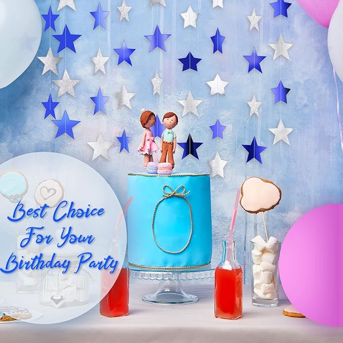 Patelai Glitter Star Garland Banner New Years Decor 130 Feet Star Hanging Banner Twinkle Backdrop for Birthday Classroom Wedding Halloween Christmas Party Supplies(Ocean Blue, Glitter Silver)