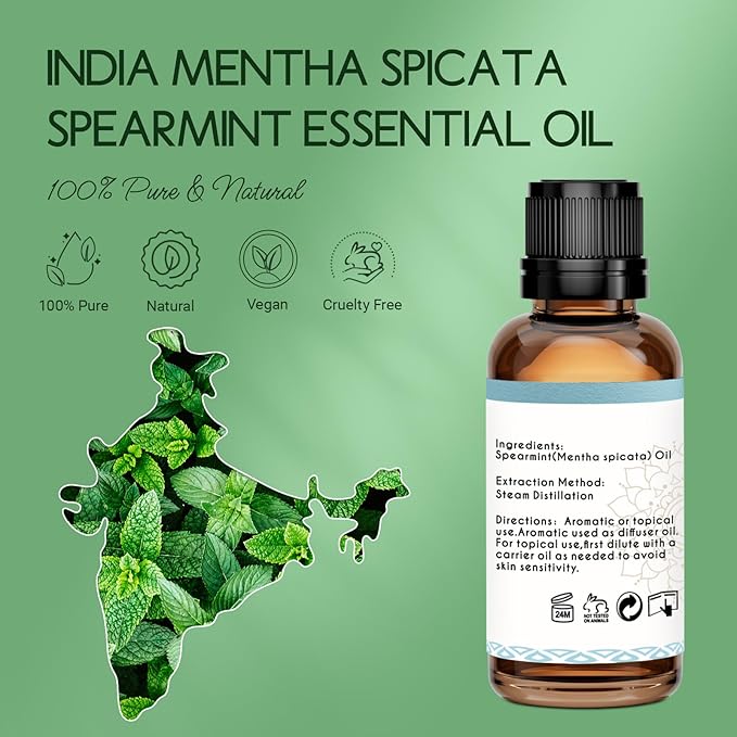 Spearmint Oil for Facial Hair Skin Roll On Diffuser Room Spray - Pure Organic Therapeutic Grade Spearmint Essential Oil 1 Oz