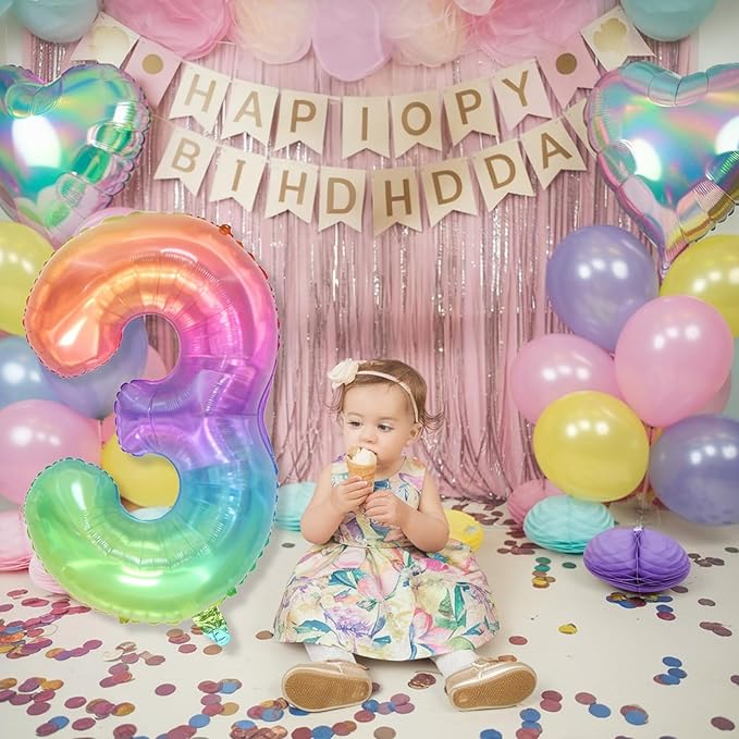 3rd Birthday Balloons for Boys, 40 Inch Foil Self Inflating Rainbow Number 3 Balloon, Large Mylar Colorful Multicolor 3 Balloon Number for Kids 3 Yeal Old Birthday Party Decor Anniversary Decorations