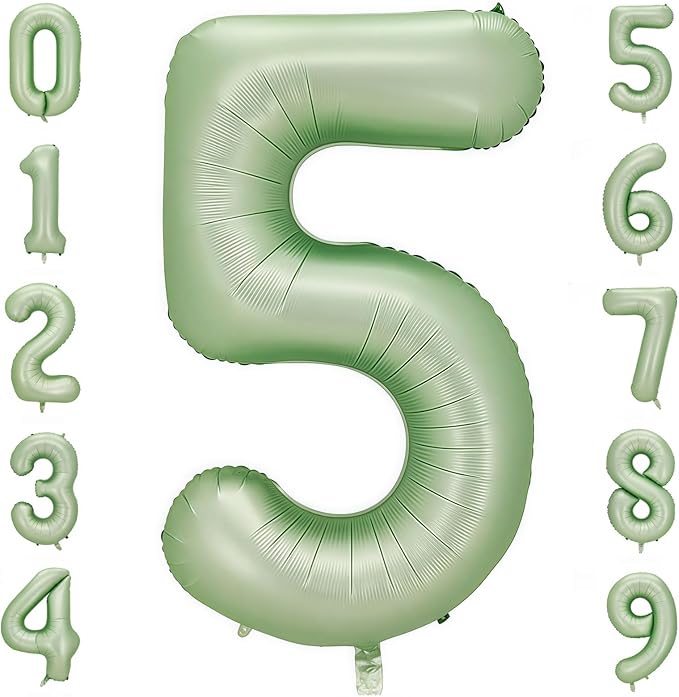 Sage Green 5 Number Balloon,Olive Green 5 Balloons 40 Inch Large Helium Foil Mylar Birthday Balloons for Boy Girl Baby Shower Birthday Jungle Party Decorations