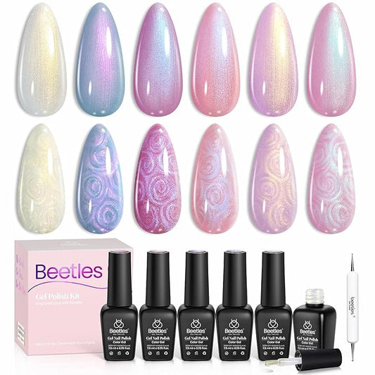 Beetles Pearl Gel Nail Polish, 6 Colors Shimmer Pearl White Pink Purple Mermaid Nail Drawing Gel Polish Soak Off Uv Gel Polish Swirl Shell Thread Effect DIY Manicure Gift for Women