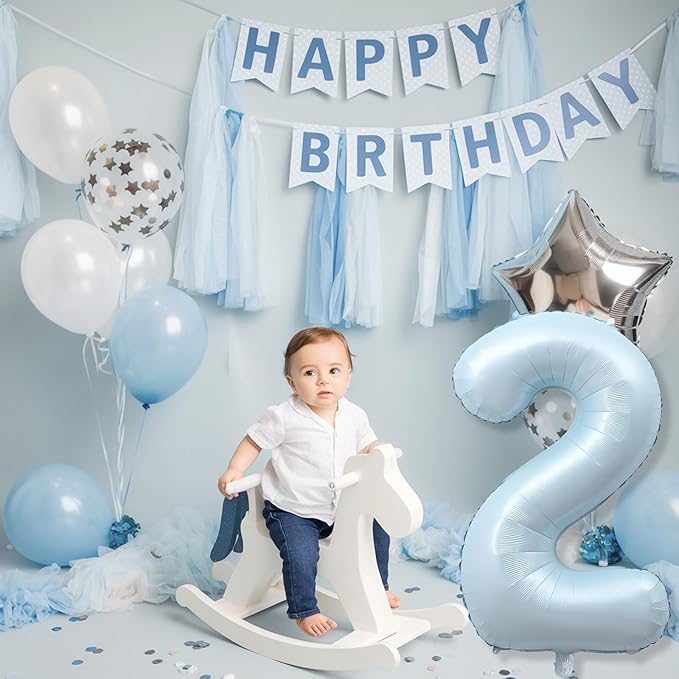 40 Inch 2 Balloon Number, Large Pastel Baby Matte Blue Foil Number 2 Balloons Birthday Party Decor, Light Blue Mylar Self Inflating Two Balloon for Boys 2nd Birthday Baby Shower Anniversary Decoration