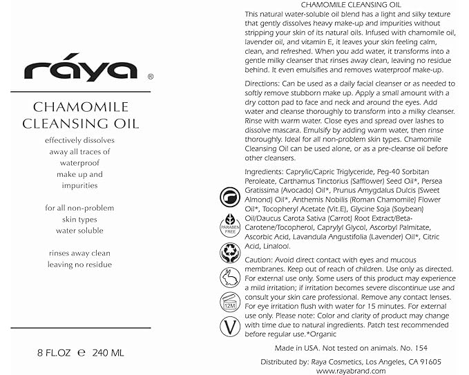 Raya Chamomile Facial Cleansing Oil (154) | Natural and Organic, Water-Soluble Oil Cleanser and Water-Proof Make-Up Remover For All Skin | Made With Chamomile and Lavender Oils