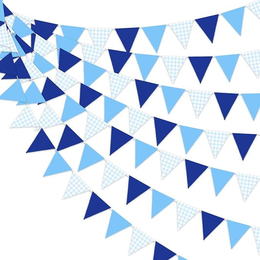 33 Ft Hanging Banner Decoration Triangle Flag Blue Pennant Plaid Fabric Bunting Garland for Birthday Wedding Baby Shower Party Supplies