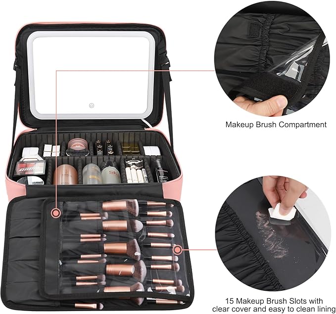 Relavel Makeup Bag with LED Mirror, 16.2 inches Large Makeup Case Travel Portable Cosmetic Organizer Vanity Case for Women, Rechargeable Lighted Mirror Professional Makeup Artists Storage Box (Pink)