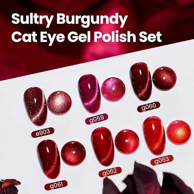 Beetles Red Cat Eye Gel Nail Polish Set - Sultry Burgundy Cat Eye Gel Polish, 6 Colors Burgundy Dark Red Glitter Red Magnetic Fall Gel Polish Kit Soak Off UV Nail Art Salon DIY Manicure Gift for Women