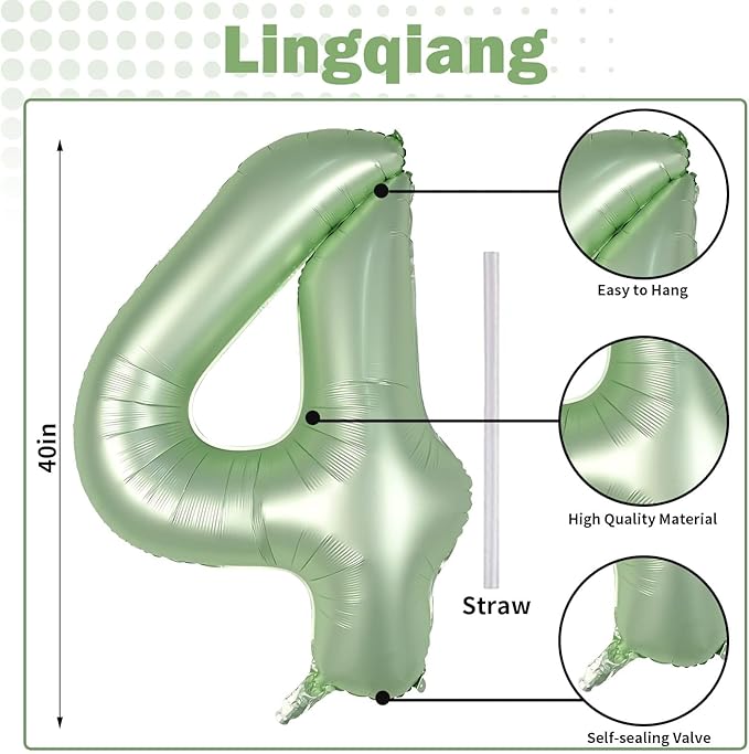 40 Inch Sage Green Foil Balloon Number 4, Large Self Inflating Olive Green Number Balloons 0-9 Helium Balloons Set for Girls Boys 4th Birthday Women Anniversary Jungle Safari Party Decoration Supplies