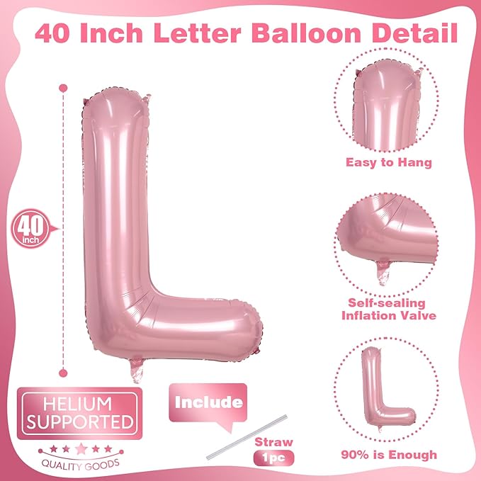 40 Inch Giant Pastel Pink Letter Balloon, Alphabet L Foil Balloons Light Pink, Self Inflating Balloon Pearl Pink Letter L, Mylar Letter Customize Balloons for Women Birthday Party Decoration Supplies