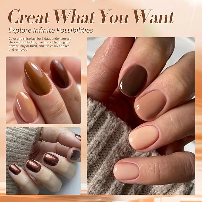 Born Pretty Brown Nail Polish Quick Dry, 6 Colors Fall Nude Brown Caramel Coffee Chestnuts Chocolate Glitter Nail Polish Neutral Beige Khaki Fingernail Polish All Seasons Nail Art DIY Home Salon Gift
