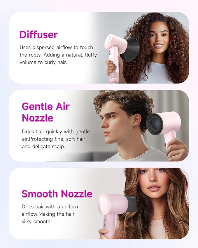 PLUZZ Hair Dryer with Diffuser Attachment, Diffuser Blow Dryer Ionic for Curly Hair, 110000RPM Brushless Motor High Speed Fast Hairdryer for Women/Men/Kids, Travel Hair Dryers Small Lightweight 1600W