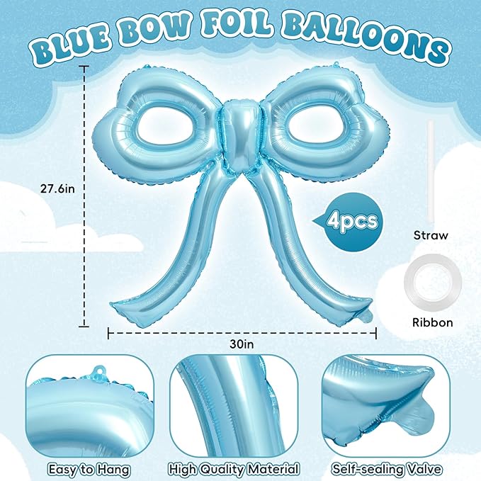 4 Pcs Blue Bow Balloons Bow Birthday Party Decorations for Girl Women Bow Decor Blue Birthday Decorations Giant Light Blue Balloons for Baby Shower Bridal Bachelorette Party Supplies