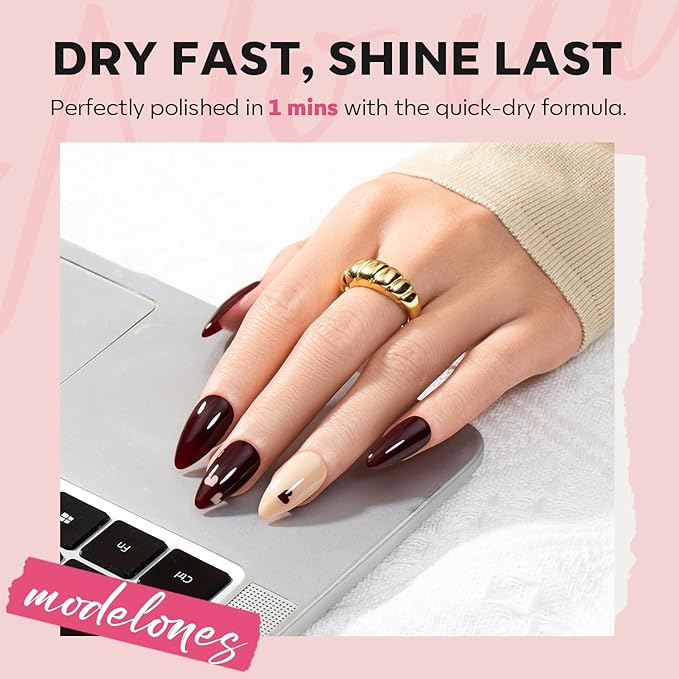 modelones Red Nail Polish Set 6 Colors, Nude Gold Burgundy Glitter Quick Dry Sparkle Mini Manicure Kit DIY Nail Art Salon Home Christmas Gifts for Women Girls