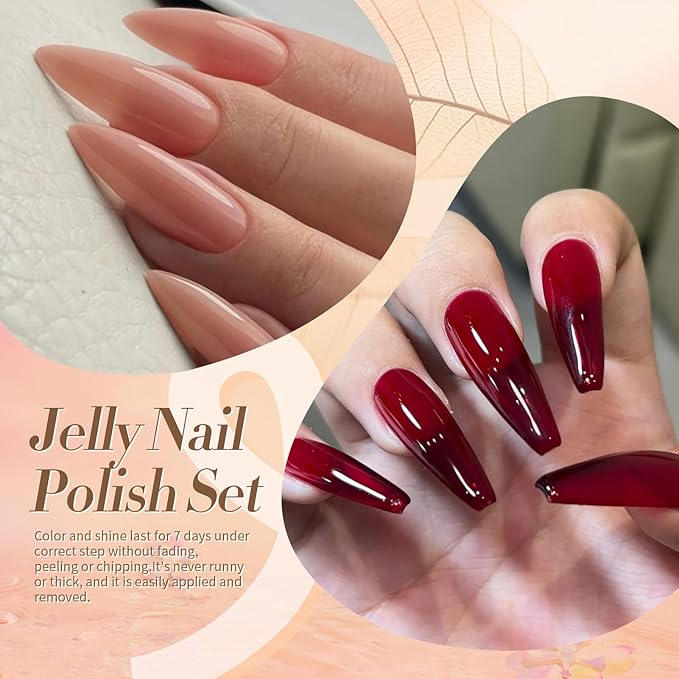 Born Pretty Jelly Nail Polish Set, 6 Colors Burgundy Red Brown Nude Pink Natural Colors Quick Dry Nail Polish Sheer Transparent Fall Winter Fingernail Polish for DIY Nail Art Salon Home Gifts