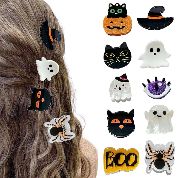 10 Pcs Halloween Hair Claw Clips Cat Spider Small Claw Clip Forehead Bangs Broken Cute Ghost Pumpkin Eyes Hat Shape Non Slip Mini Hair Clips Alloy Side Barrettes for Women Thin Medium Short Hair