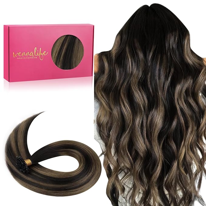 WENNALIFE K Tip Hair Extensions Real Human Hair, 50g 50s 14 Inch Balayage Natural Black to Chestnut Brown Remy Hair U Tip Invisible Straight Keratin Bond Hot Fusion Hair