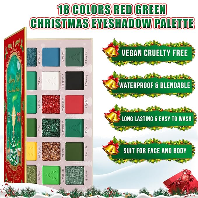 DE'LANCI Multichrome Red Green Eyeshadow Pallet,18 Colors Highly Pigmented Matte Shimmer Christmas Makeup Palette, Red Green Gold Fine Pressed Glitter Shades for Cosplay Parties Christmas Halloween