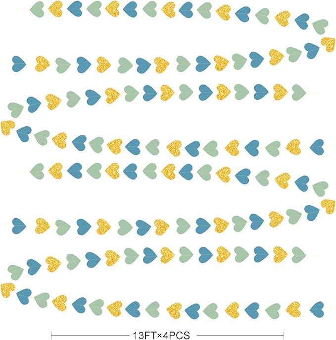 Sage Green Dusty Blue Gold Heart Party Decorations Gold Glitter Paper Dusty Green Blue Love Heart Hanging Garland Streamer Banner for Silly Goose Birthday Baby Shower Valentines Day Anniversary Party