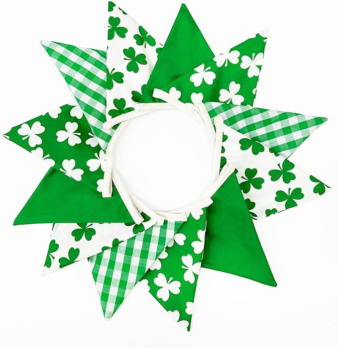 2 Sets of Shamrocks Nursery Garland 20Pcs Green Plaid Clover Pennant Banner Flags Fabric Linen Triangle Streamers for St Patrick's Day Party Decorations Spring Birthday Baby Shower Baby Bedroom Decor
