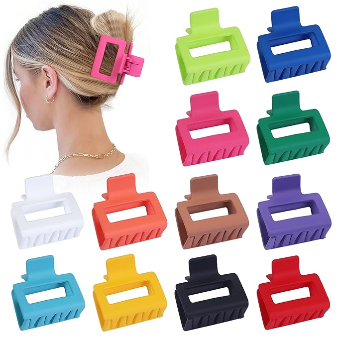 2 Inch Medium Hair Claw Clips 12 Pcs Square Hair Clips for Thin Hair Matte Nonslip Acrylic Banana Jaw Clips Bulk Hair Accessories for women and Girls - Dopamine