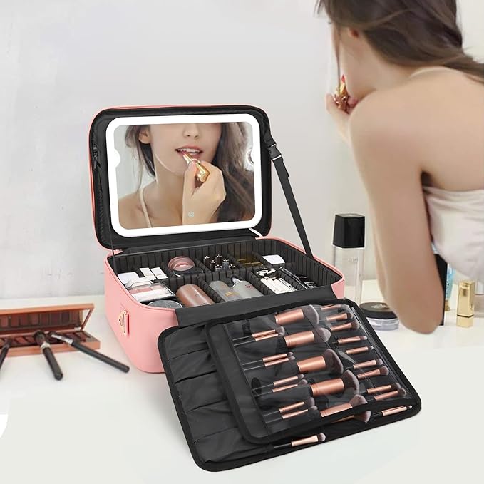 Relavel Makeup Bag with LED Mirror, 16.2 inches Large Makeup Case Travel Portable Cosmetic Organizer Vanity Case for Women, Rechargeable Lighted Mirror Professional Makeup Artists Storage Box (Pink)