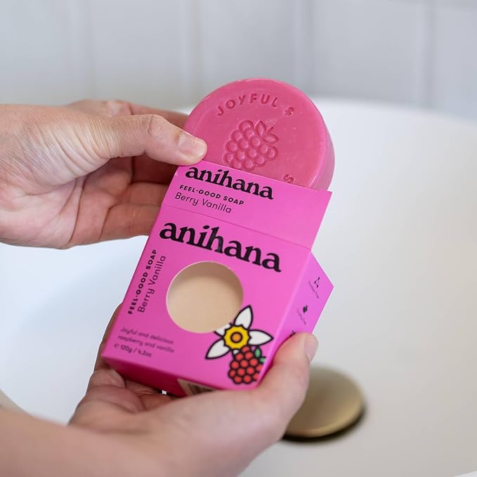 ANIHANA Feel-Good Soap 3 Pack with Coconut Oil and Shea Butter, Gentle Cleansing, Paraben Free, Cruelty Free, Refreshing Berry Vanilla Scent, 4.2 oz each