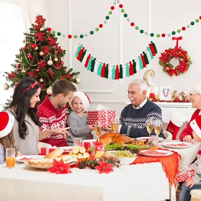 2 Pcs Boho Tassel Christmas Garland, Pom Pom Tassel, 6.5 Feet Long 20 Felt Balls, Christmas Colorful Wall Hanging Party Decorative Banner, Home Decoration Birthday Baby Shower