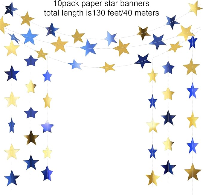 Patelai Glitter Star Garland Banner New Years Decor 130 Feet Star Hanging Banner Twinkle Backdrop for Birthday Classroom Wedding Halloween Christmas Party Supplies(Blue, Gold)