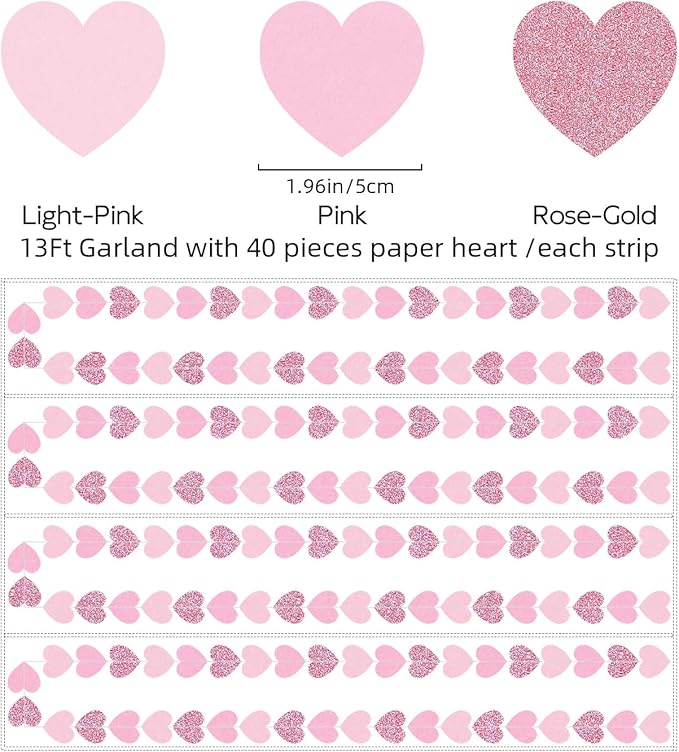 Rose-Gold Hot-Pink Decorations for Party - 52Ft Heart Paper Garland Decoration Streamers Birthday Banner Bridal Baby Shower Wedding Bachelorette Engagement Graduation Hanging Decor Hongtongtong