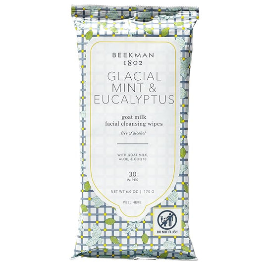 Beekman 1802 Glacial Mint & Eucalyptus Face Wipes - 30-Count - Scented - Cleanses, Nourishes & Hydrates - With Goat Milk, Aloe Vera - Good for Sensitive Skin - Cruelty Free