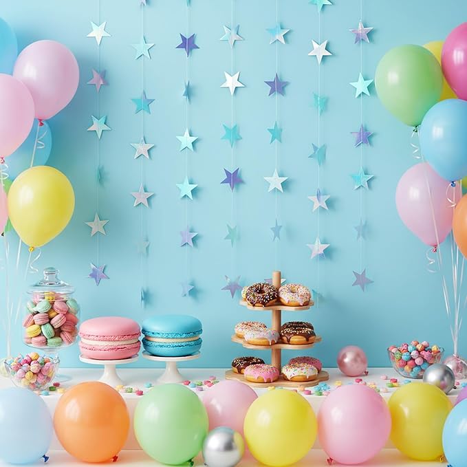 Patelai Glitter Star Garland Banner New Years Decor 130 Feet Star Hanging Banner Twinkle Backdrop for Birthday Classroom Wedding Halloween Christmas Party Supplies(Iridescent Blue)