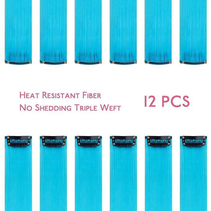 WENNALIFE 12 PCS Sky Blue Hair Extensions Clip in, Colored Clip in Hair Extensions for Kids Highlights Rainbow Hair Clips for Girls Synthetic Straight Pop-up Style Colorful Girls Hair Accessories
