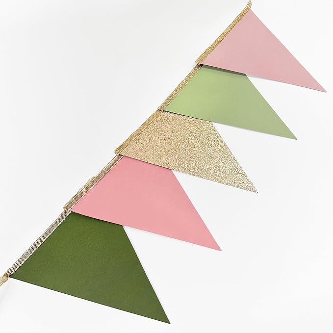 Sage Green Dusty Rose Pink Champagne Gold Pennant Banner Flag Hanging Glitter Paper Triangle Bunting for Girls Wild One Jungle Safari Woodland Themed Birthday Baby Shower Wedding Party Decorations