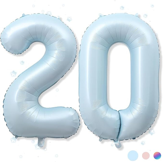 20th Birthday Balloons for Boy, 40 Inch Foil Self Inflating Light Baby Blue Number 20 Balloon, Pastel Sky Blue Large Helium Mylar 20 Balloon Number for Men Birthday Party Decor Anniversary Decorations