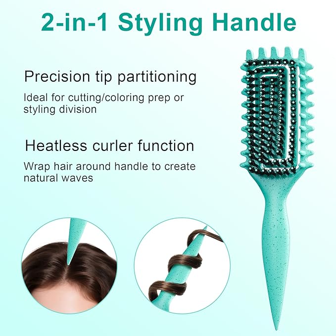 2-Pack Curly Hair Brush, Curl Defining Brush with Soft Boar Bristles Detangling Tangled Glides,Wide-Teeth Design Effortlessly Shaping & Defining Curls,Curling Definer for Wet & Dry Hair (Green Purple)