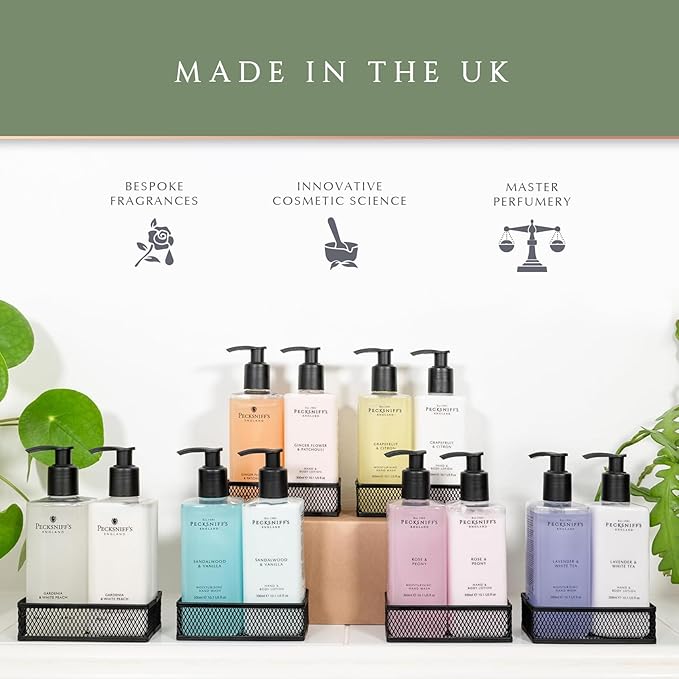 Pecksniffs Luxury Bath Gift Set, Ginger Flower and Patchouli Moisturizing Hand Soap and Body Lotion Set with Caddy, 10.1 Fl Oz