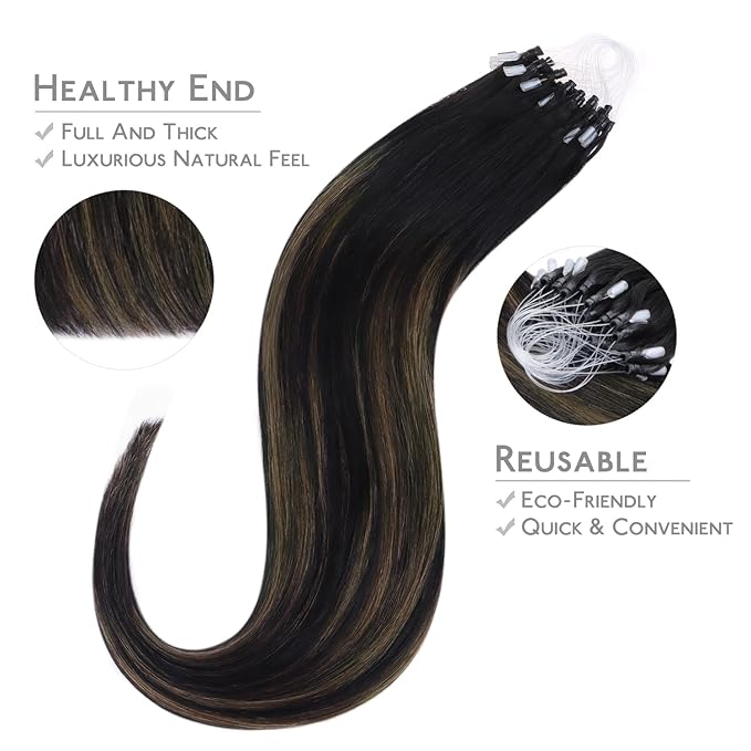 WENNALIFE Microlink Hair Extensions Human Hair, 50g 50s 20 Inch Balayage Natural Black to Chestnut Brown Remy Micro Bead Extensions Real Human Hair Loop Ring Straight Microlinks