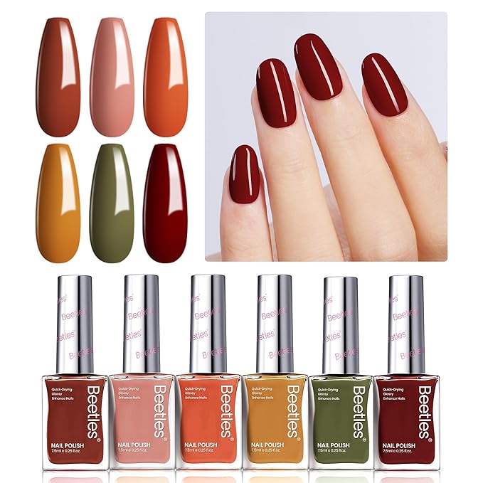 Beetles Fall Nail Polish Set P180, 6 Color Red Yellow Green Quick Air Dry Nail Polish, Natural Nail Lacquer Manicure DIY Nail Art Salon Christmas Gift For Women