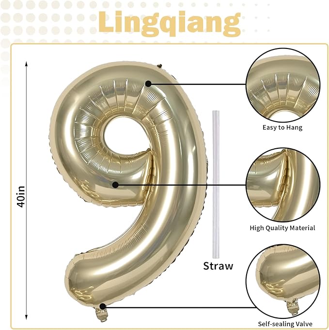 40 Inch Champagne Gold Foil Balloon Number 9, Large Self Inflating Light Gold Number Balloons 0-9 Helium Balloons Set for Girls Boys 9th Birthday Women Anniversary Graduation Party Decoration Supplies