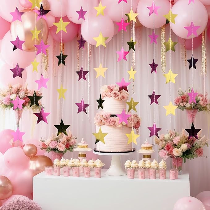 Patelai 78 Feet Glitter Star Garland Banner Decoration Hanging String Star New Year Eve Party Supplies Gold Black Party Decor for 2026 New Year Valentines Wedding Birthday (Gold and Pink)