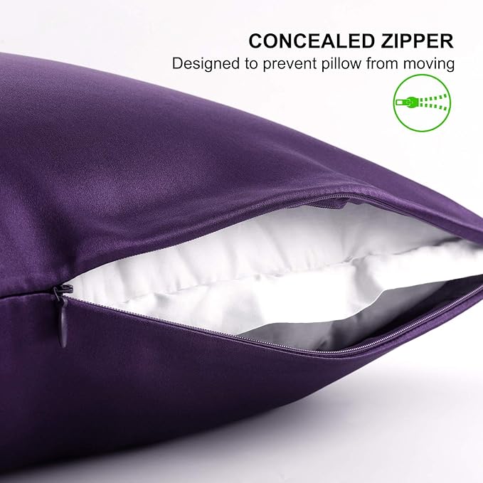 ALASKA BEAR Silk Pillowcase for Hair and Skin, Set of 2 Pure Genuine 22 Momme Mulberry Silk Pillow Cases Standard Size for Bliss Sleep Better Than Poly Satin, Zipper Closure(2pc, Dark Purple)