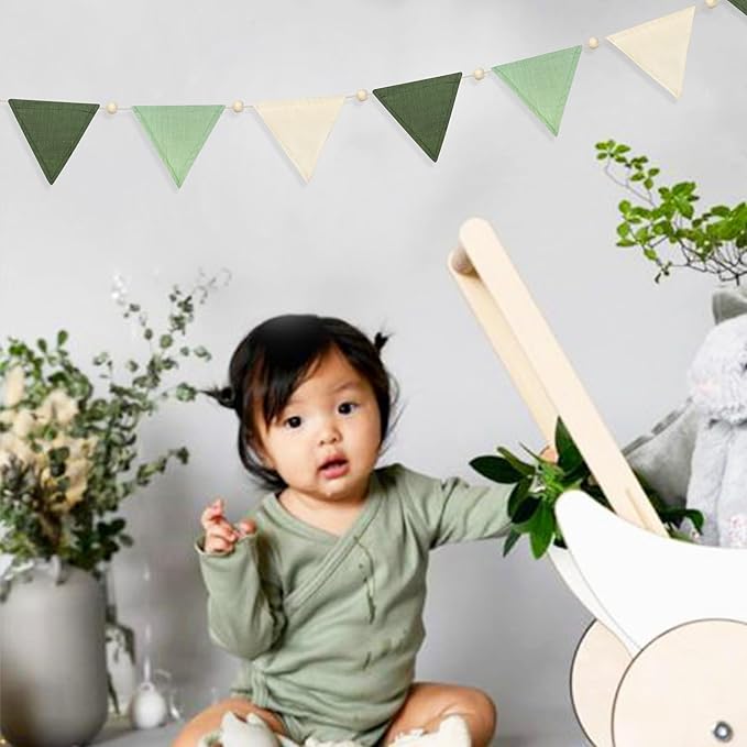 2 Sets of Sage Green Wood Beads Pennant Banner 20Pcs Flags Nursery Garland Olive Green Fabric Linen Triangle Streamers for Baby Room Decor Kids Jungle Safari Birthday Baby Shower Party Decorations