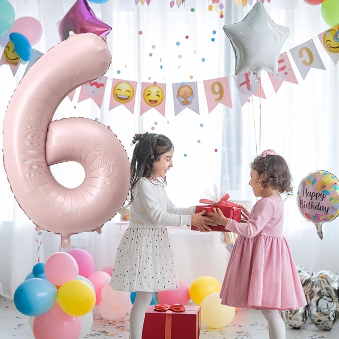 40 Inch 6 Balloon Number, Large Pastel Baby Pink Foil Number 6 Balloons Birthday Party Decor, Dusty Light Blush Matte Pink Mylar Self Inflating Balloon for Girls 6th Birthday Anniversary Decorations