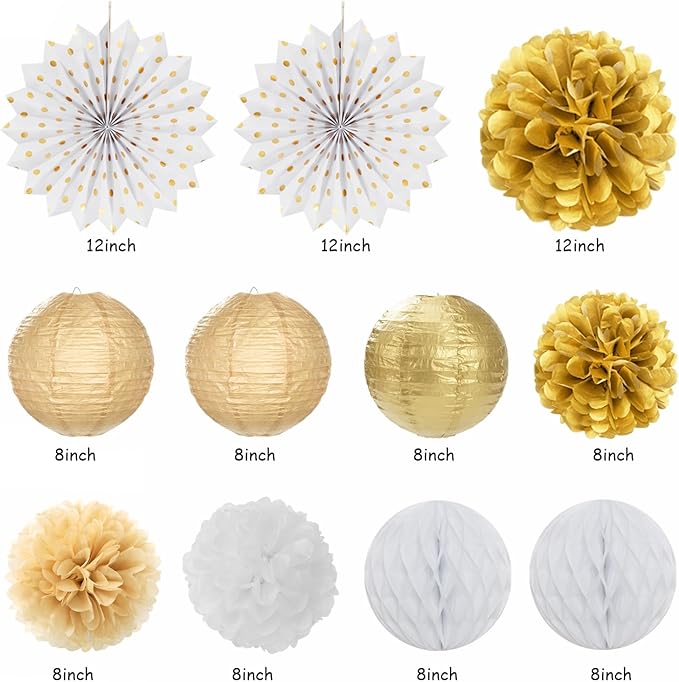 White Champagne Gold Birthday Party-Decorations - 21pcs Happy Birthday Banner,Paper Lanterns,Tissue Pom Poms Flower Fan,Honeycomb Ball,Swirl Streamers Garland Supplies Women Men Decor Huglony